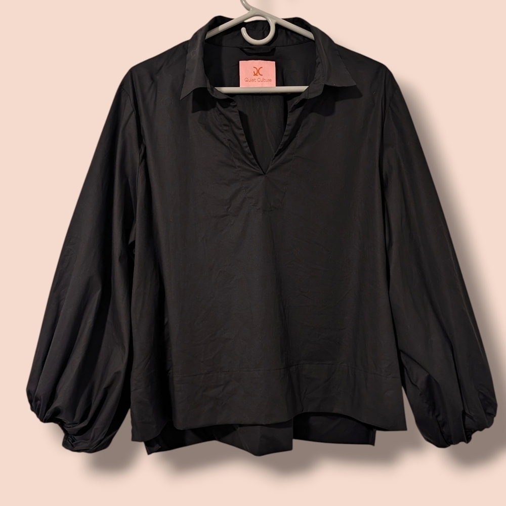 Quiet Culture Black Poplin Cotton Puff Sleeve V-Neck Take Pause Shirt XXL